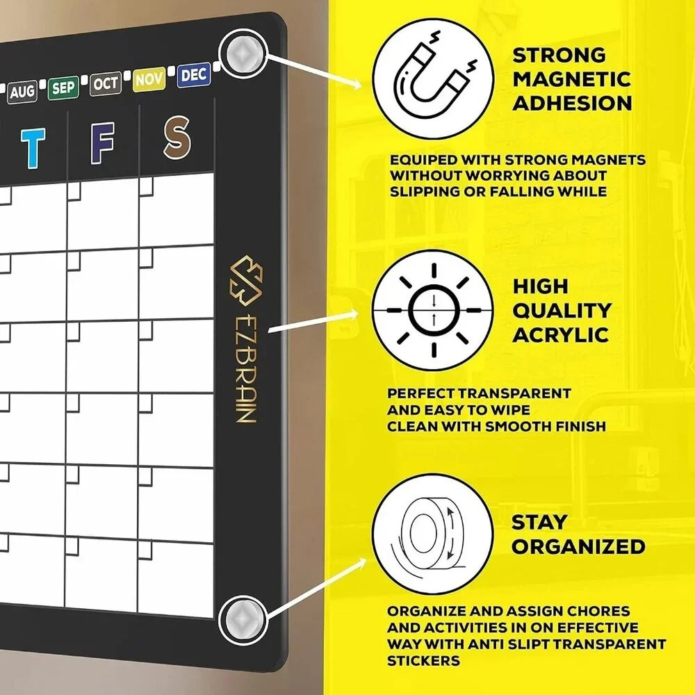 Magnetic Fridge Calendar with Set of 6 Markers & Eraser Acrylic Monthly Calender
